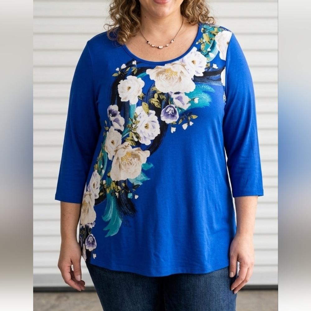 3x Plus Size JM Collection Blue Floral Print Top Shirt Tunic Long Length